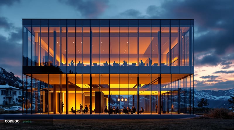A photorealistic editorial photograph showing the Ethereum Foundation's headquarters building in Zug, Switzerland, captured d