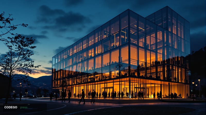 A cinematic editorial photograph capturing the Ethereum Foundation's Zug, Switzerland headquarters building exterior during g