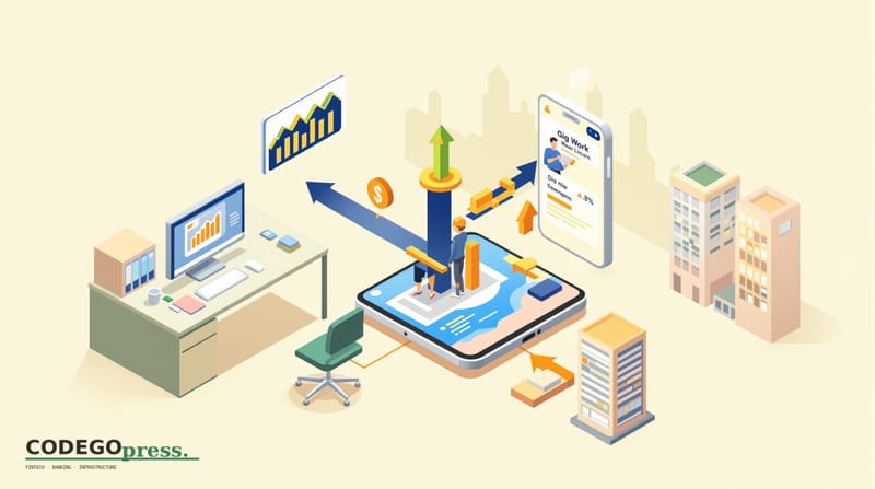 Flat 3D isometric vector editorial illustration showing a split composition: on the left, a traditional office desk with a co