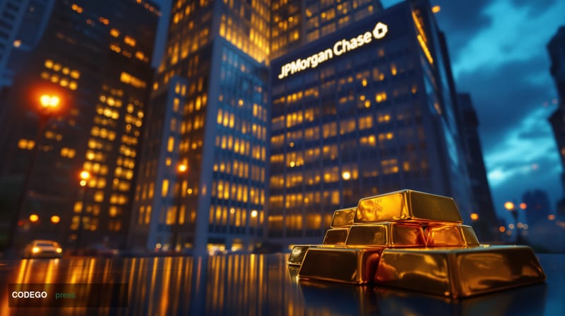 A dramatic photorealistic editorial photograph showing the iconic JPMorgan Chase headquarters building in New York City's fin