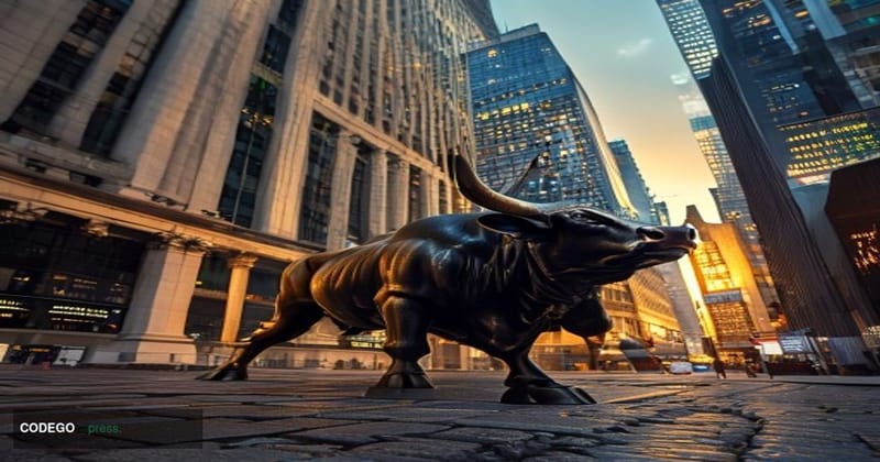 A dramatic photorealistic editorial photograph capturing the iconic Wall Street bull statue in the foreground with the toweri