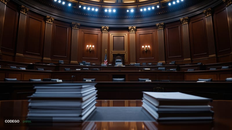 A dramatic wide-angle photograph of the United States Senate Banking Committee hearing room in the Hart Senate Office Buildin