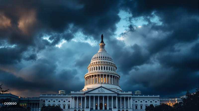 A dramatic wide-angle photograph of the United States Capitol building in Washington D.C., with its iconic dome prominently f