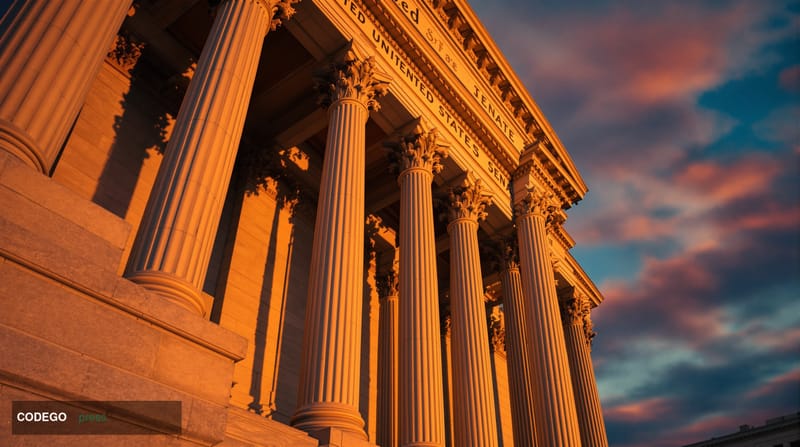 A cinematic editorial photograph showing the imposing neoclassical facade of the United States Senate building in Washington 