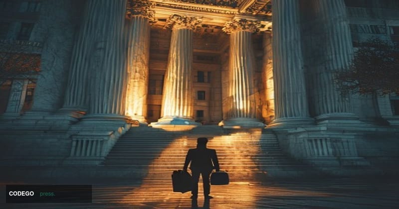 A dramatic editorial photograph showing the imposing neoclassical facade of a federal financial regulatory building in Washin