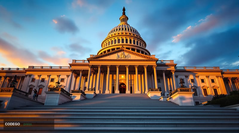 A dramatic photorealistic editorial photograph of the United States Capitol building's iconic dome and neoclassical architect