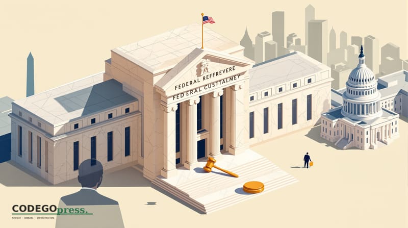 Large marble-columned Federal Reserve building façade in cream and navy in centre, with an ornate oak gavel across it in gold