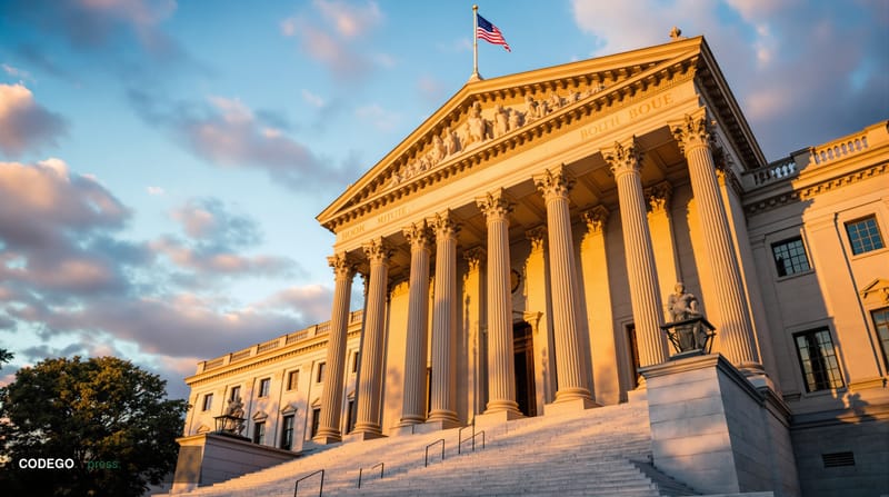 A dramatic editorial photograph of the Federal Reserve's imposing Marriner S. Eccles Building in Washington DC, captured duri