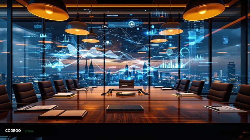 A photorealistic editorial photograph capturing the intersection of traditional wealth management and cutting-edge AI technol