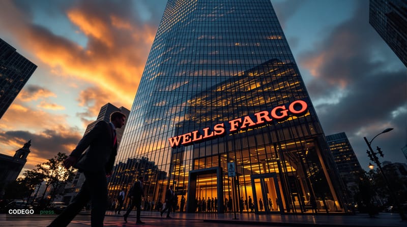 A dramatic photorealistic editorial photograph of Wells Fargo's corporate headquarters in San Francisco, shot from a low angl