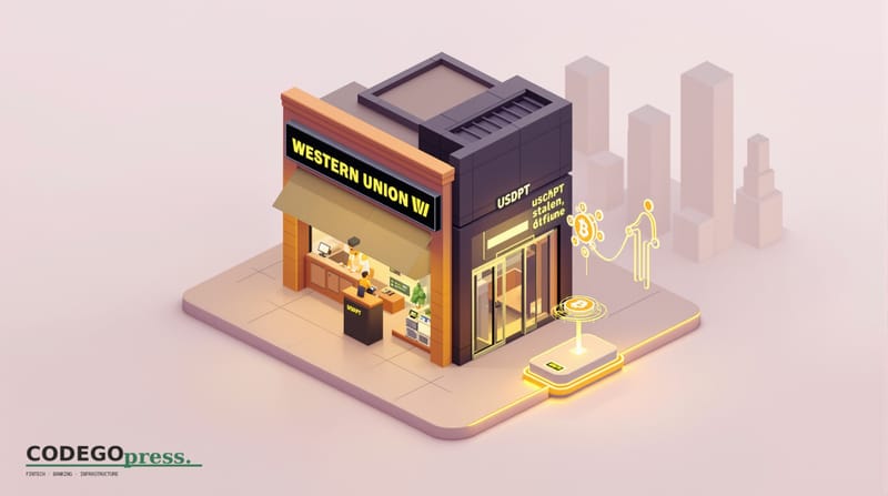 Flat 3D isometric vector editorial illustration showing two adjacent elements: (1) a Western Union storefront counter with a 