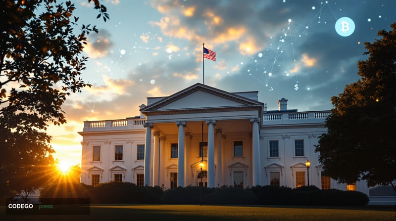 A cinematic editorial photograph showcasing the White House's iconic North Portico facade during golden hour, with dramatic c