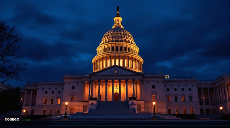 A photorealistic editorial photograph of the United States Capitol building's iconic dome and Senate chamber wing bathed in d
