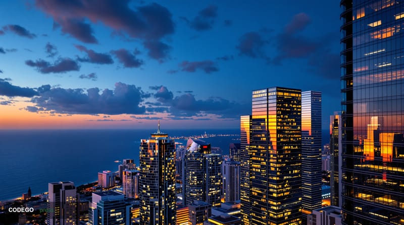 A cinematic editorial photograph of Miami's modern financial district skyline at golden hour, with sleek glass towers reflect