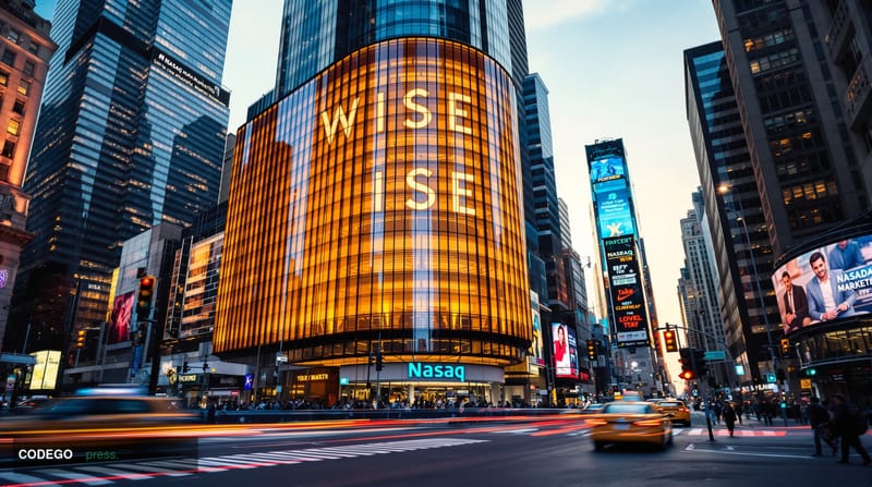A dramatic wide-angle shot of the iconic Nasdaq MarketSite building in Times Square, New York, captured during the golden hou
