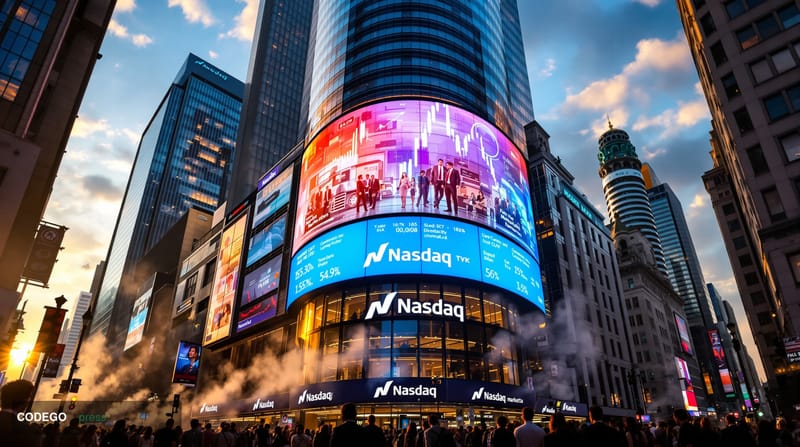 A dramatic photorealistic editorial photograph capturing the Nasdaq MarketSite in Times Square, New York City, with the iconi