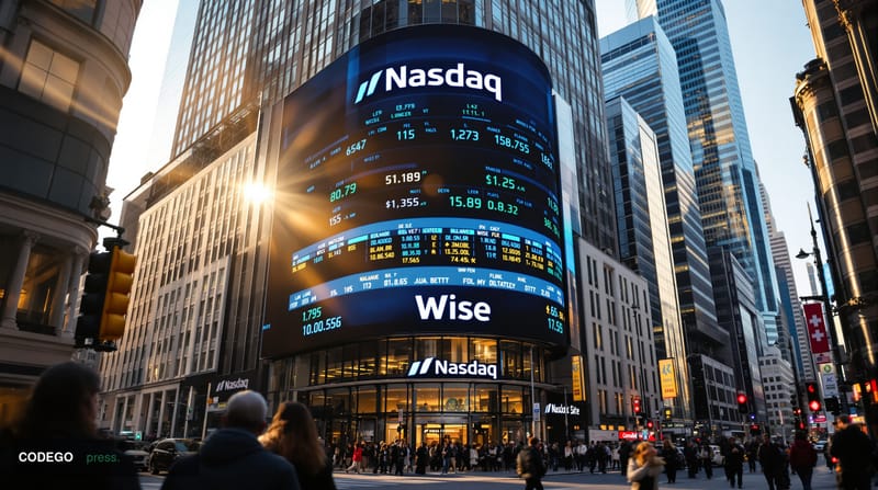 A photorealistic editorial photograph showing the iconic Nasdaq MarketSite building in Times Square, New York City, captured 