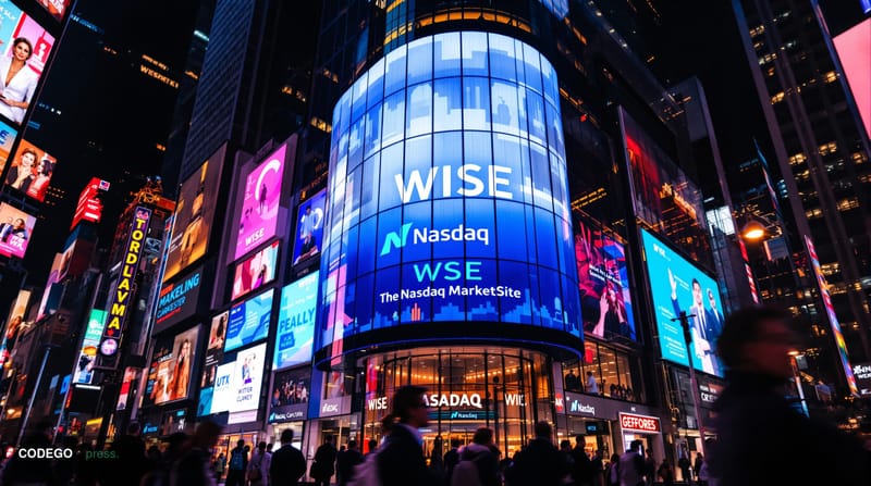 A cinematic editorial photograph capturing the iconic Nasdaq MarketSite in Times Square, New York City, with its distinctive 