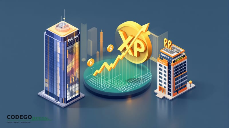 Large golden XRP token symbol in centre with upward-trending price chart overlay, Ripple headquarters sleek glass tower on th