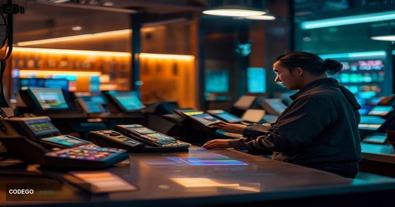 A cinematic editorial photograph showcasing the intersection of traditional commerce and digital payments, featuring a modern