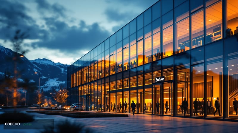 A cinematic establishing shot of modern Swiss corporate architecture featuring Zühlke's headquarters building in Schlieren, S
