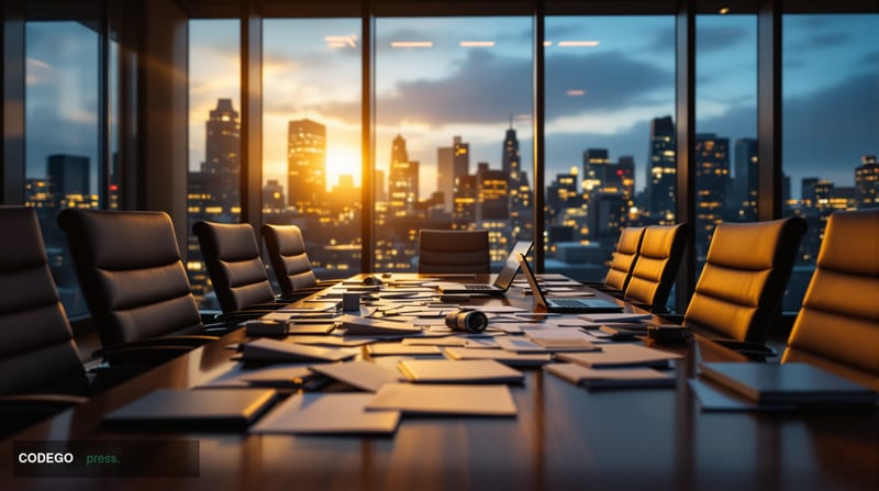 A dramatic cinematic photograph of a modern corporate boardroom in crisis, shot from a low angle through floor-to-ceiling win