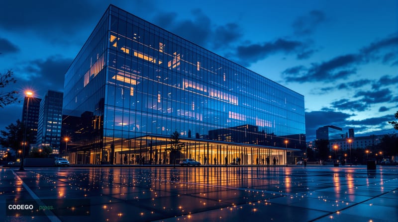 A dramatic photorealistic editorial photograph of a modern blockchain company headquarters at dusk, with the building's glass