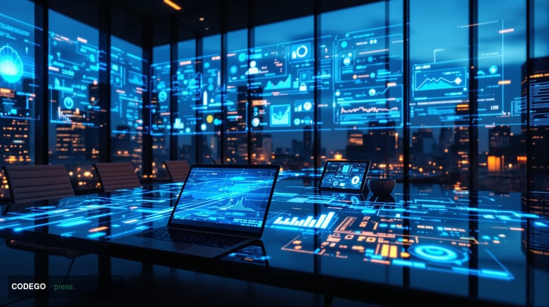 A cinematic editorial photograph showing a modern glass-walled conference room or boardroom with sophisticated security monit