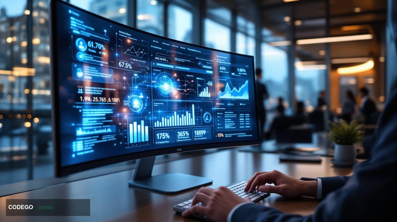 # Image Prompt

A sleek modern corporate office interior showcasing a digital transaction dashboard displayed on a large curv