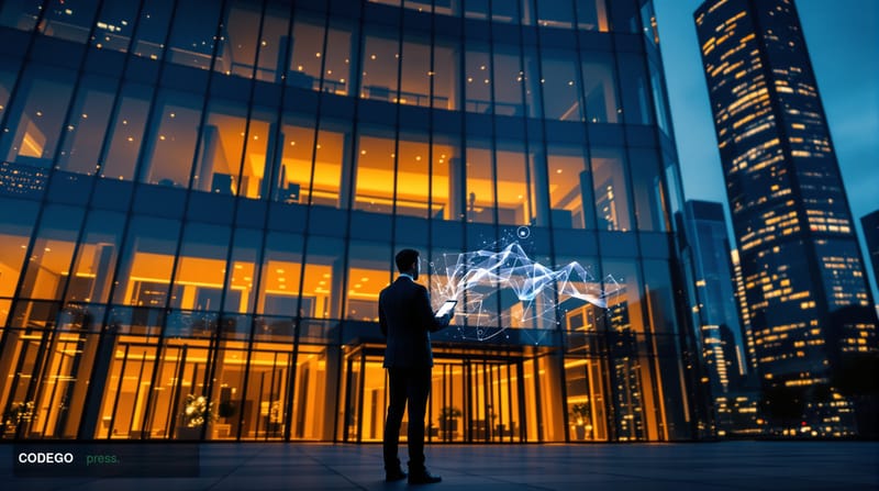 A cinematic editorial photograph showing a sleek modern banking headquarters at dusk with warm amber light emanating from flo