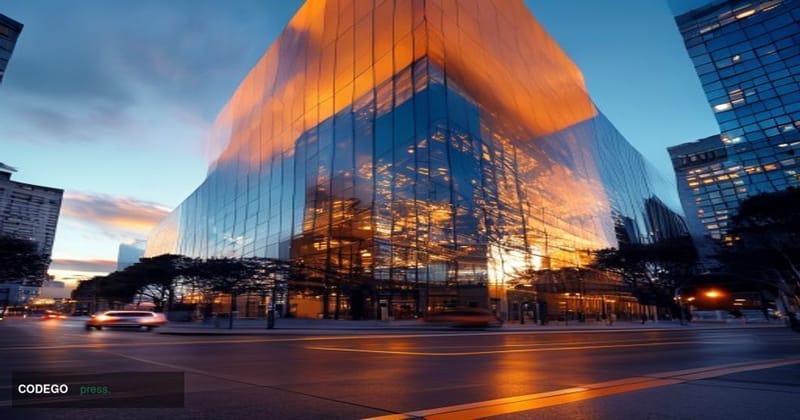 A photorealistic editorial photograph of Stripe's headquarters in San Francisco, showcasing the modern glass and steel Foster
