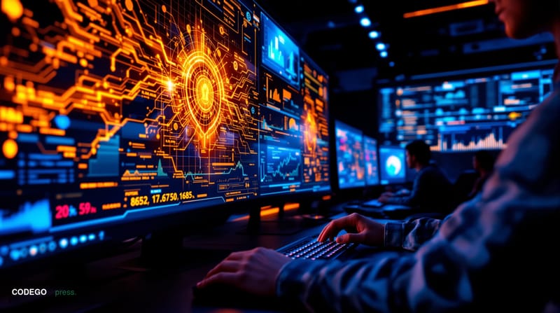 A cinematic editorial photograph showing a modern cybersecurity operations center with multiple analysts at workstations disp