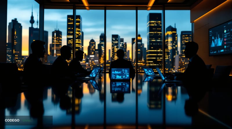 A dramatic boardroom scene at a high-end financial conference facility, photographed with cinematic editorial quality in 8K r