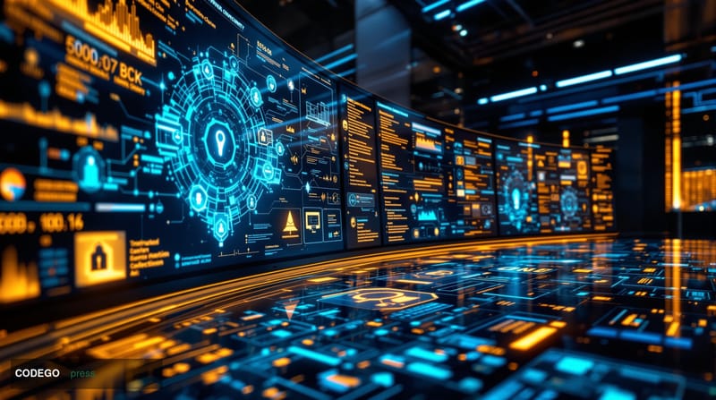 A dramatic photorealistic editorial photograph showcasing the intersection of artificial intelligence and blockchain security
