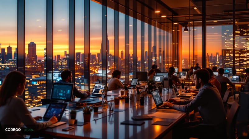A cinematic editorial photograph capturing the intersection of artificial intelligence and career transformation in a modern 