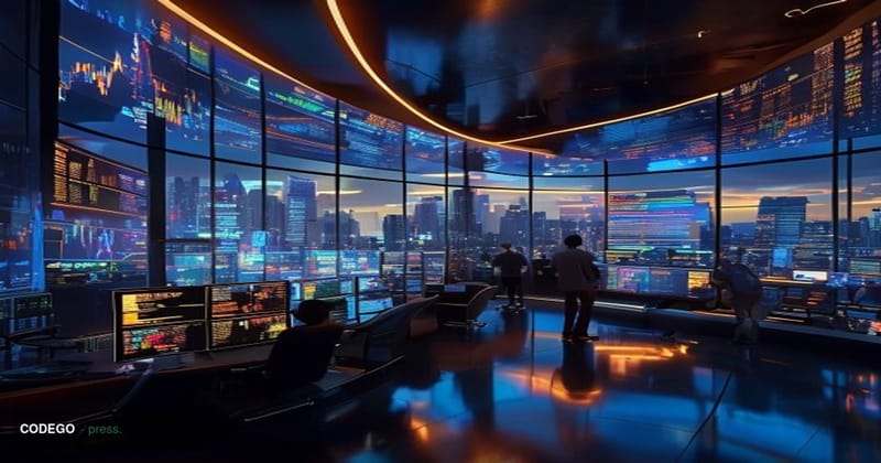 A dramatic overhead view of a sleek modern trading floor with curved glass walls overlooking a city skyline at dusk, featurin