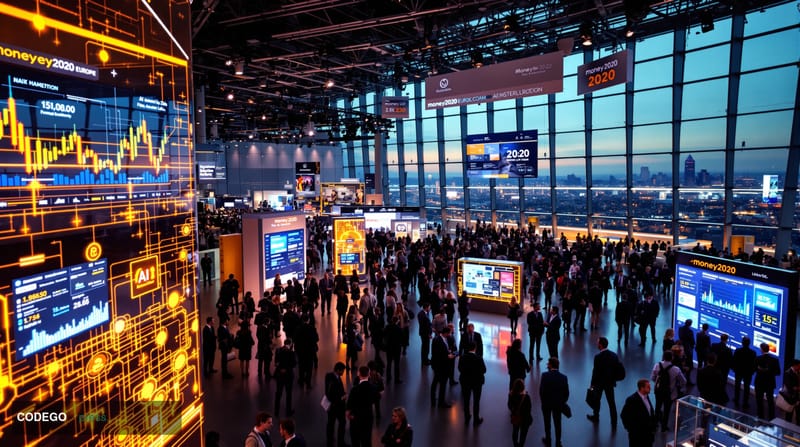 A cinematic editorial photograph capturing the Money20/20 Europe 2026 conference environment in Amsterdam, showing the modern