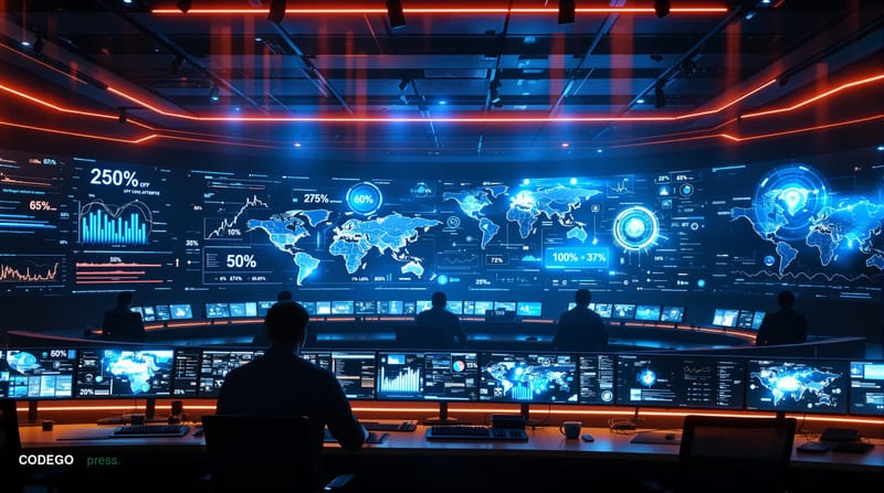 A cinematic editorial photograph of a modern cybersecurity operations center with multiple screens displaying phishing attack