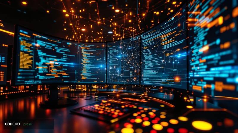 A cinematic editorial photograph showing a high-tech cybersecurity operations center with multiple curved monitors displaying