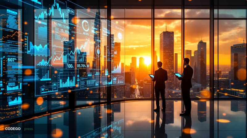 A cinematic editorial photograph showcasing modern financial technology integration, featuring a sleek corporate office envir