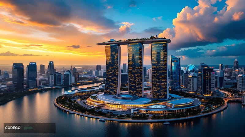 A dramatic cinematic photograph showcasing the Singapore financial district skyline at golden hour, with the iconic Marina Ba