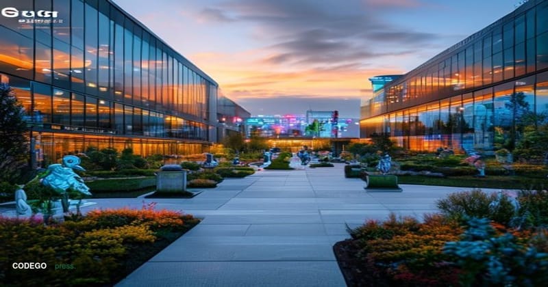 A cinematic editorial photograph of Google's Mountain View headquarters complex at golden hour, showing the distinctive color