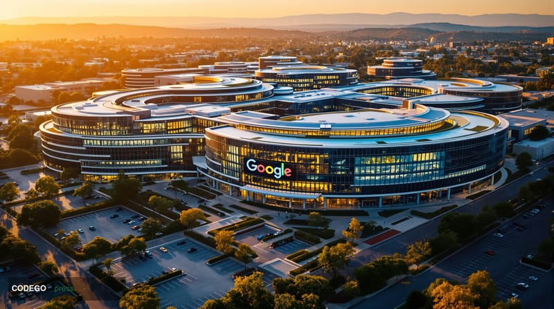A dramatic wide-angle photograph of Google's Mountain View campus headquarters taken during golden hour, with the iconic colo