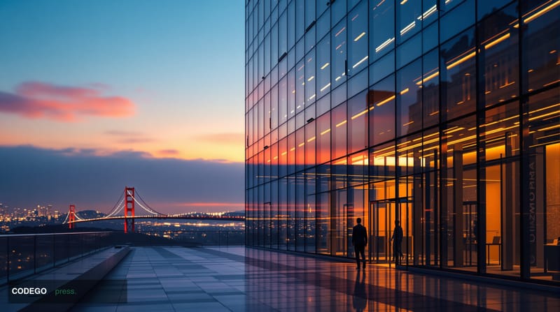 A photorealistic editorial photograph showing Anchorage Digital's corporate headquarters in San Francisco's financial distric