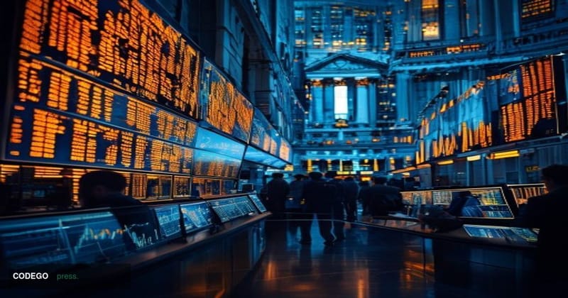 A cinematic editorial photograph of the New York Stock Exchange trading floor during peak activity, with multiple screens dis