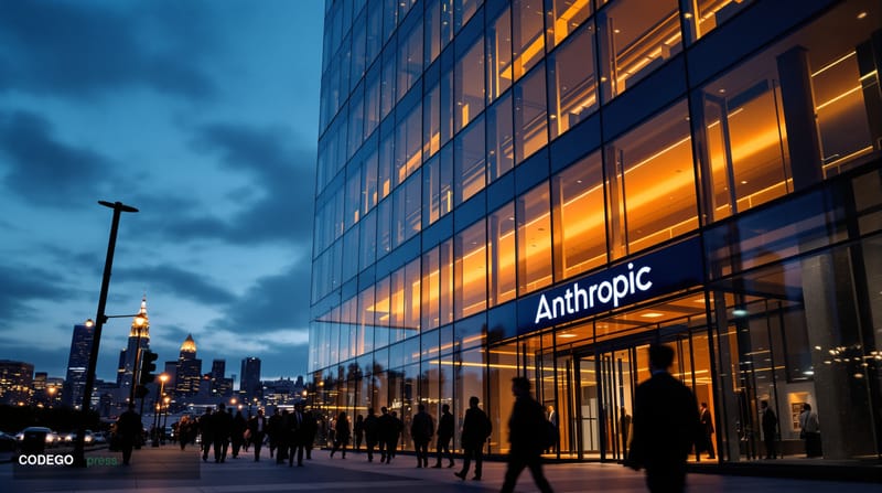 A striking editorial photograph of Anthropic's San Francisco headquarters building at dusk, shot from a low angle to emphasiz