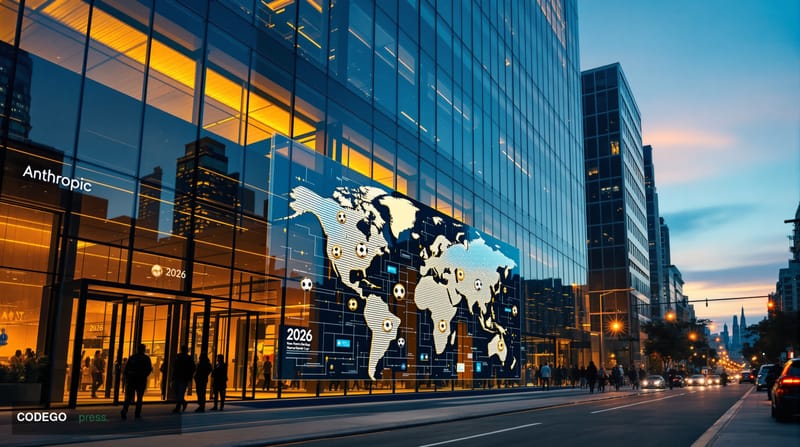 A photorealistic editorial photograph showing Anthropic's San Francisco headquarters building in the SOMA district, with its 