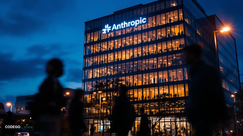 A cinematic editorial photograph showing Anthropic's San Francisco headquarters building exterior at dusk, with the company's