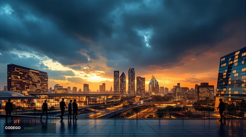 A photorealistic editorial photograph showing India's technology landscape amid regulatory uncertainty. The scene captures th