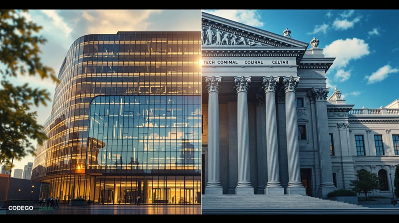 A dramatic split-screen composition showing the duality of AI development and regulation. Left side: sleek modern tech campus